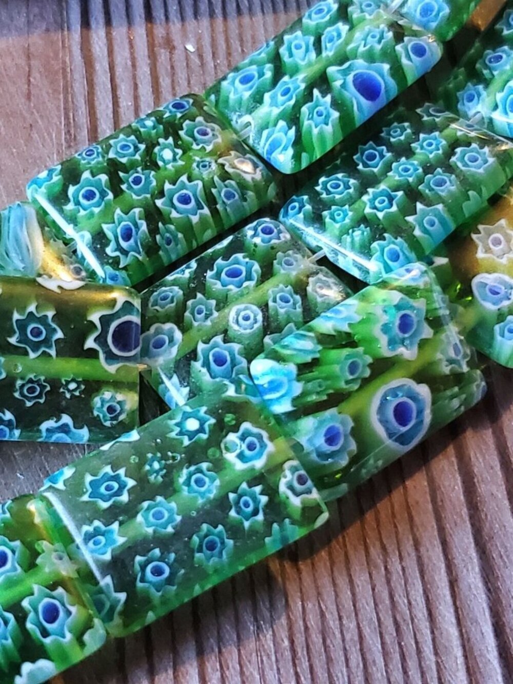 Millefiori Glass Vintage Beads Green Cobalt Blue White Rectangle 6 pcs